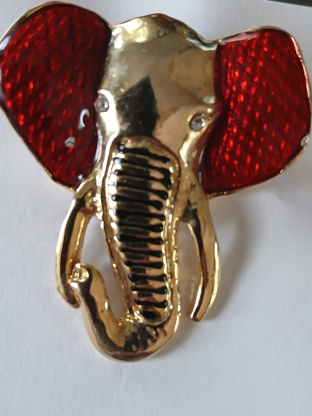 Gold Elephant Brooch And Or Pendant with Red Enamel Ears Diamond Like Eyes